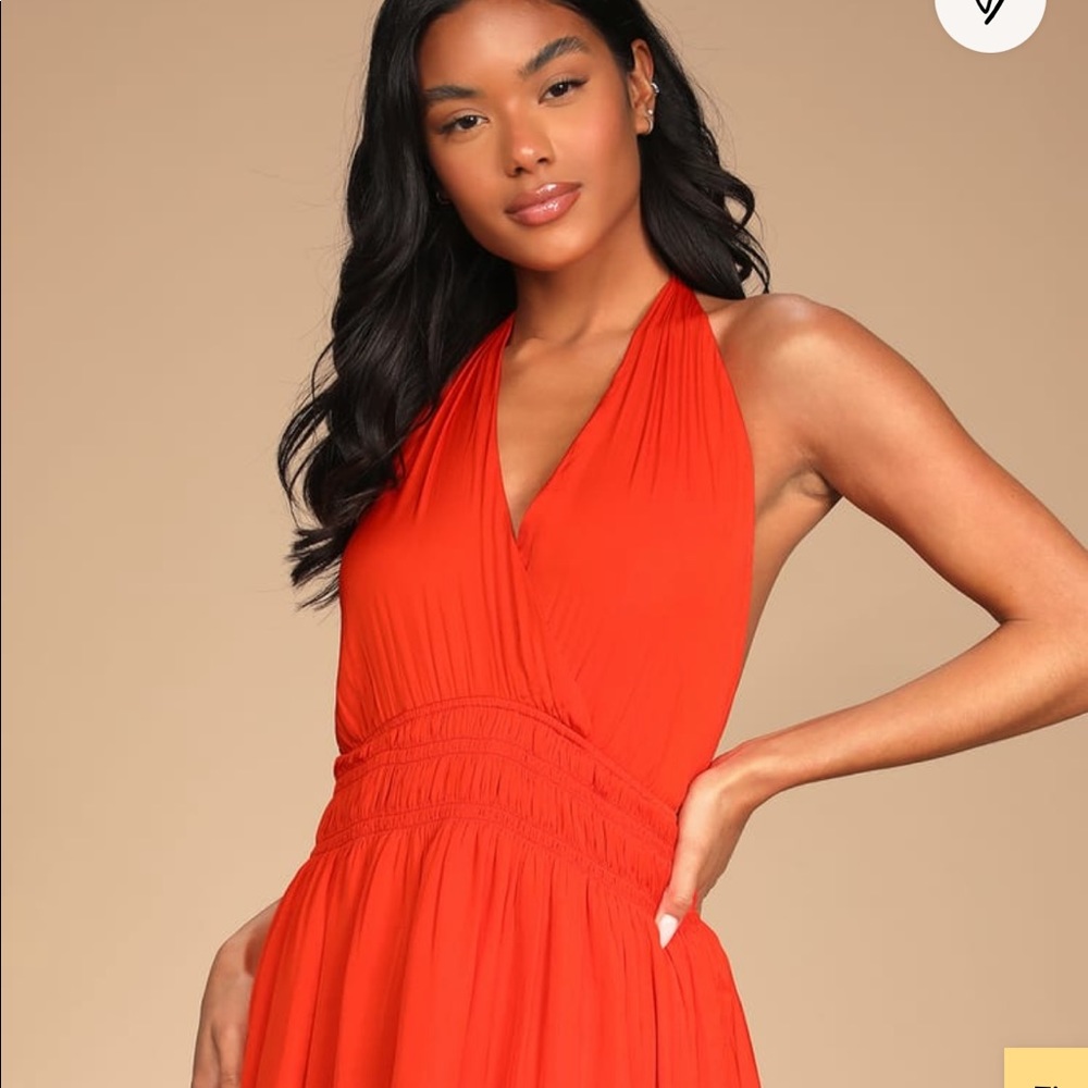 Sunny Forever Bright Red Satin Tiered Halter Mini Dress